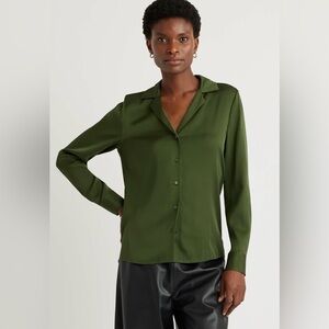Quince Washable Stretch Silk Notch Collar Blouse - Basil Green - Medium - NWT